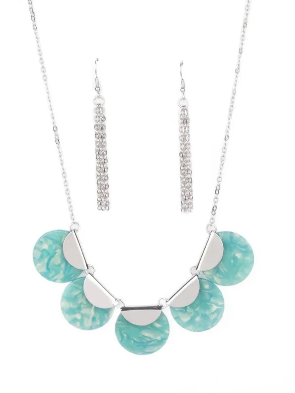 Silver-Tone Aqua Marbled Disc Necklace & Earrings Set